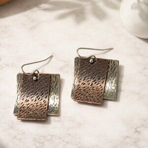 Hammered Curved Silver and Brass Square Earrings - New